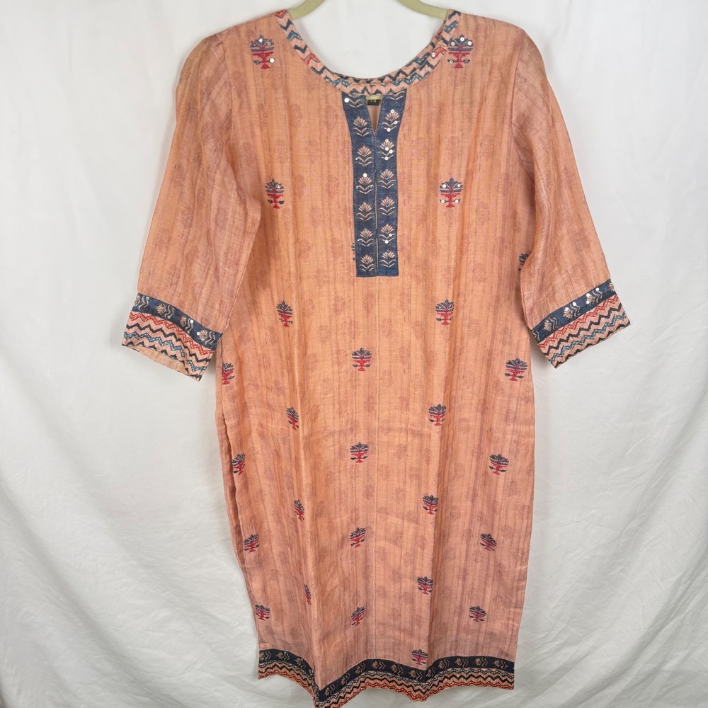 Sanwariya Indian Kurta Tunic Dress Peach Embroidered Long Lightweight Decorative